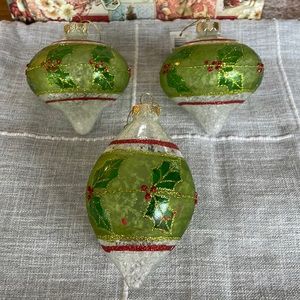 Glass Holly Christmas Ornaments. Set of 3